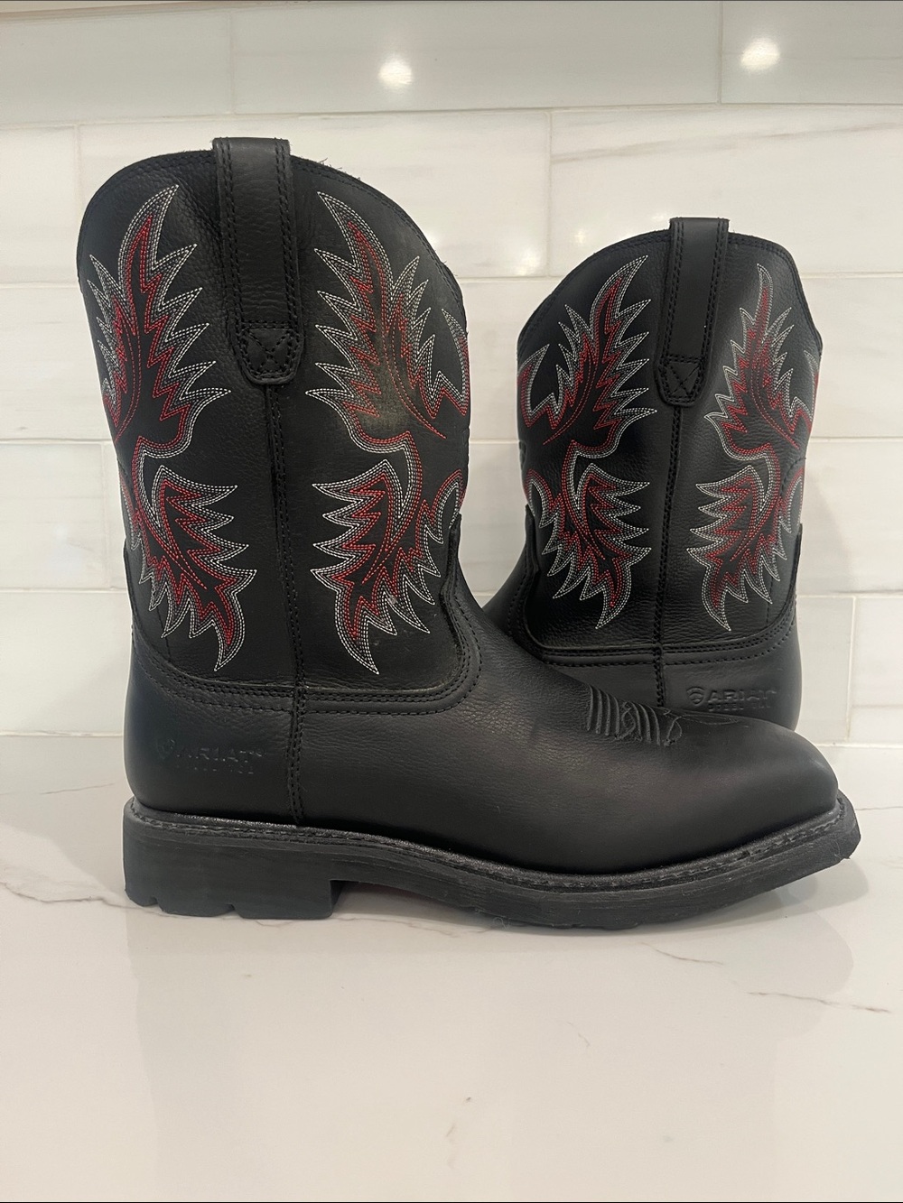 Ariat Black Leather Western Boots with Red and Silver Stitching
